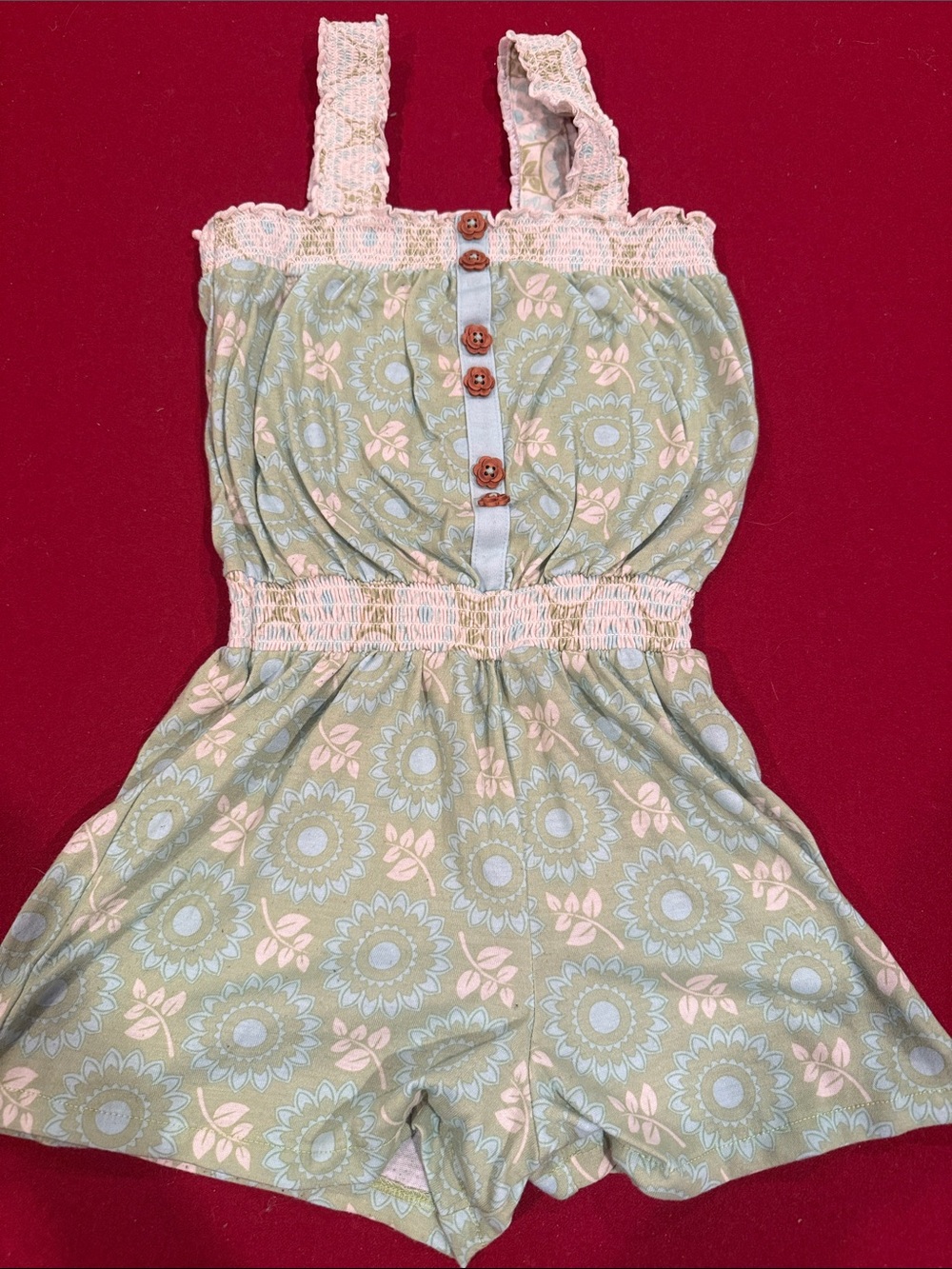 Girls Green Floral Smocked Romper PJ